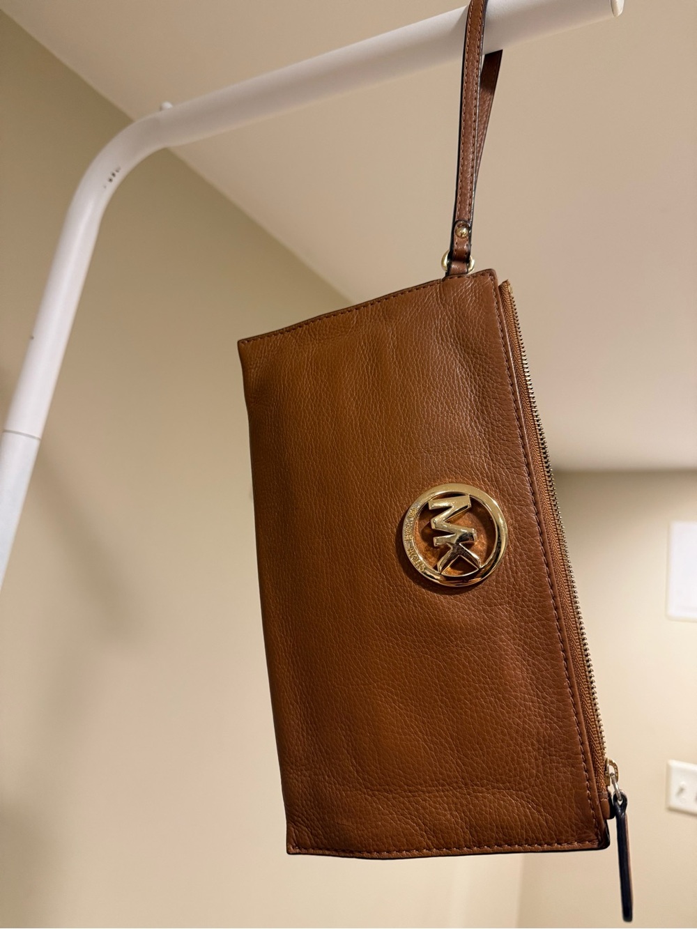 Michael Kors Cognac Leather Wristlet with Gold MK Emblem